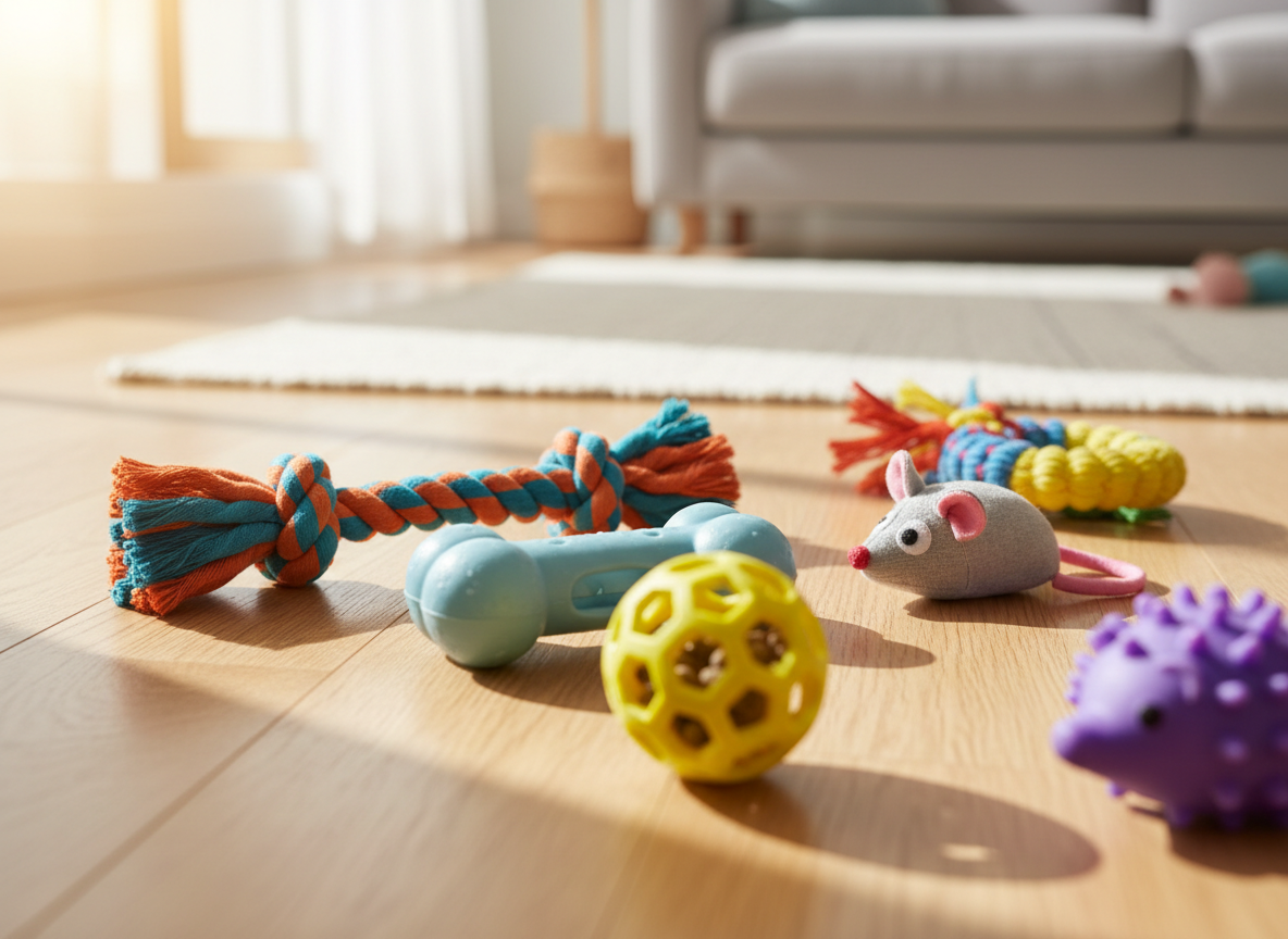 A colorful assortment of durable dog and cat toys scattered playfully across a light oak floor, including a thick braided rope tug toy in teal and orange, a squeaky rubber bone with a matte finish, a plush mouse with embroidered eyes, and a textured treat-dispensing ball. Soft daytime window light pours in from the left, creating gentle highlights on the rubber textures and subtle shadows behind each toy. The background is softly blurred, hinting at a cozy living room with a neutral rug. Photographed at an eye-level angle with shallow depth of field, the mood is joyful and inviting, conveying playful photographic realism perfect for a pet toy brand homepage hero image.