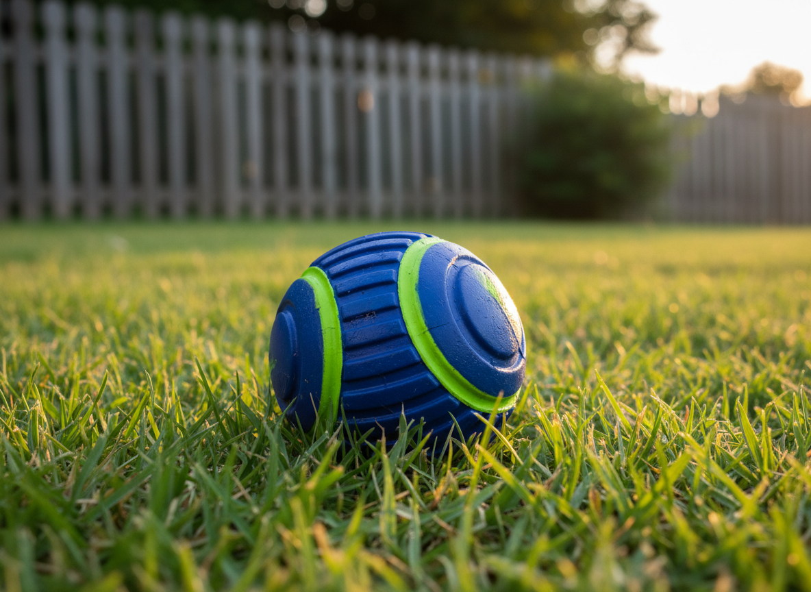 A close-up of a single, vividly colored rubber fetch ball designed for dogs, featuring a swirl pattern of cobalt blue and lime green with raised ridges for easy gripping. The ball rests on lush, freshly cut green grass in a backyard setting, with a wooden fence and a few out-of-focus shrubs in the distance. Warm late-afternoon golden hour sunlight illuminates the ball from the side, creating crisp highlights on the ridges and soft shadows in the grass blades. Captured from a very low, ground-level perspective with the ball placed using the rule of thirds, the atmosphere feels energetic, playful, and ready for action, rendered in vibrant photographic realism.