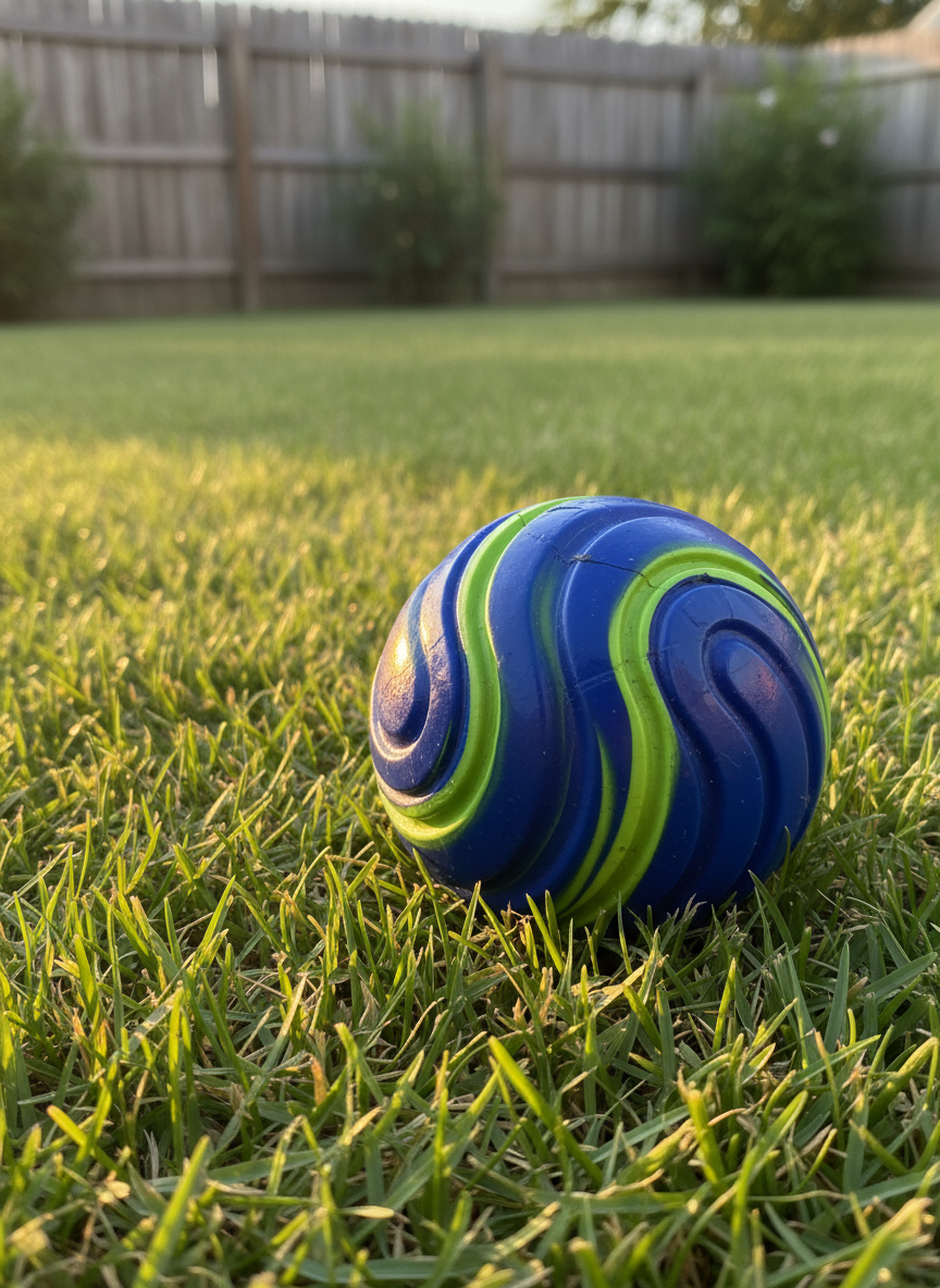 A close-up of a single, vividly colored rubber fetch ball designed for dogs, featuring a swirl pattern of cobalt blue and lime green with raised ridges for easy gripping. The ball rests on lush, freshly cut green grass in a backyard setting, with a wooden fence and a few out-of-focus shrubs in the distance. Warm late-afternoon golden hour sunlight illuminates the ball from the side, creating crisp highlights on the ridges and soft shadows in the grass blades. Captured from a very low, ground-level perspective with the ball placed using the rule of thirds, the atmosphere feels energetic, playful, and ready for action, rendered in vibrant photographic realism.
