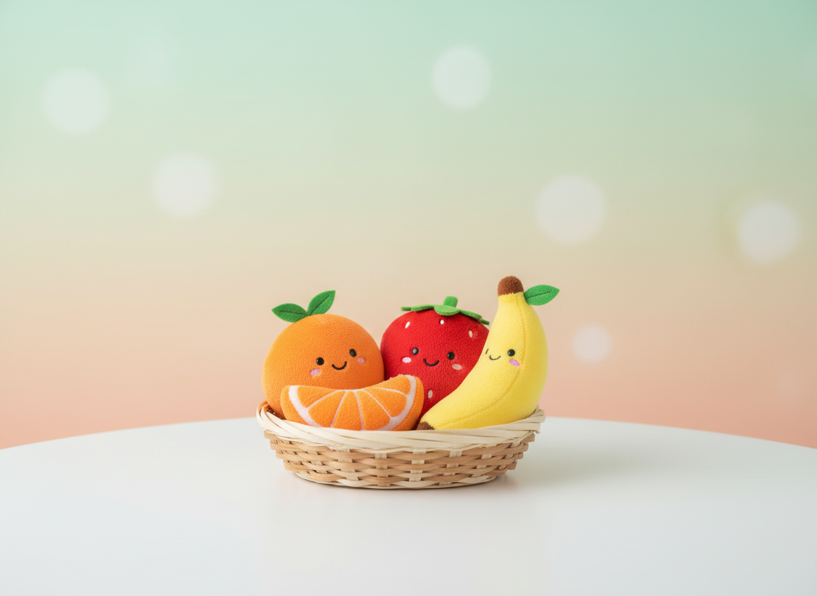 A whimsical collection of small catnip plush toys shaped like smiling fruit—an orange, a strawberry, and a banana—crafted from soft, fuzzy fabric with embroidered faces and tiny felt leaves. They rest inside a shallow woven basket on a white tabletop, with a pale pastel backdrop fading from mint green to soft peach. Bright studio lighting from above and slightly to the right creates crisp, cheerful highlights and minimal shadows, enhancing the vivid colors. Shot at a slightly elevated angle with a shallow depth of field, the focus stays on the plush toys while the background melts into soft bokeh. The mood is playful, cute, and lighthearted, rendered in colorful photographic realism.