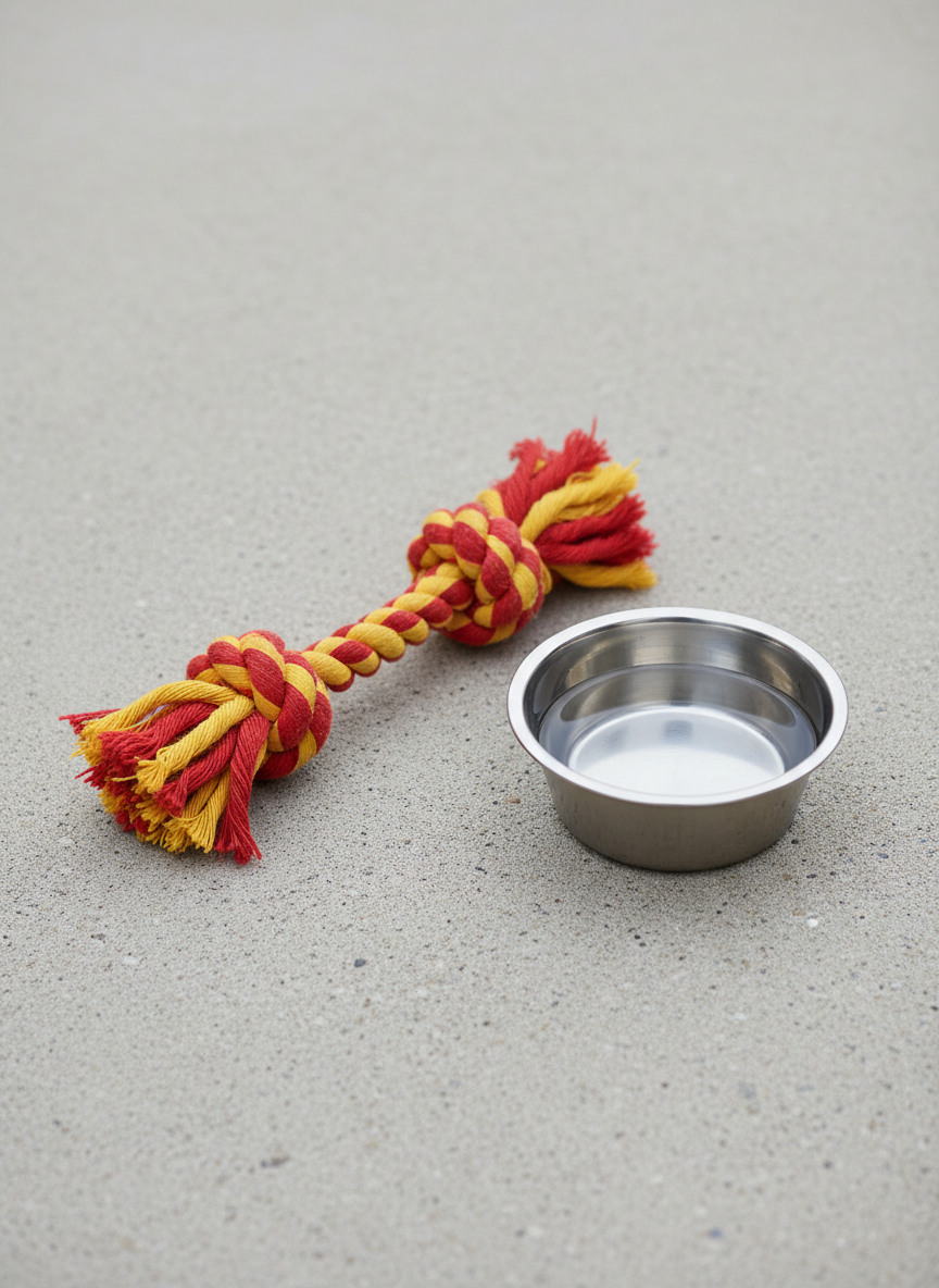A sturdy, bright red and yellow braided rope tug toy lying diagonally on a smooth, light gray concrete patio, its thick fibers slightly frayed at the ends to show durability and frequent use. Beside it sits a small stainless steel dog bowl filled with clear water, reflecting soft sky tones. Diffused overcast daylight creates even, shadowless illumination, emphasizing the rope’s texture and fibers. Shot from a slightly elevated angle with sharp focus throughout, the composition is clean and modern, conveying a sense of reliability and strength while maintaining a playful mood suitable for a pet toy product detail page in realistic photographic style.
