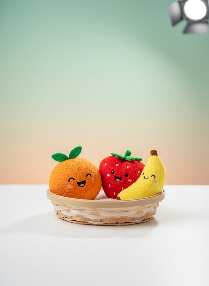 A whimsical collection of small catnip plush toys shaped like smiling fruit—an orange, a strawberry, and a banana—crafted from soft, fuzzy fabric with embroidered faces and tiny felt leaves. They rest inside a shallow woven basket on a white tabletop, with a pale pastel backdrop fading from mint green to soft peach. Bright studio lighting from above and slightly to the right creates crisp, cheerful highlights and minimal shadows, enhancing the vivid colors. Shot at a slightly elevated angle with a shallow depth of field, the focus stays on the plush toys while the background melts into soft bokeh. The mood is playful, cute, and lighthearted, rendered in colorful photographic realism.