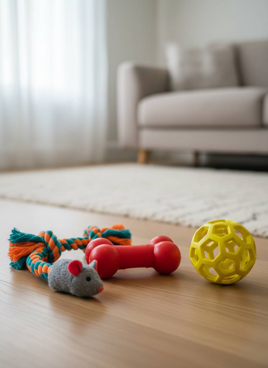 A colorful assortment of durable dog and cat toys scattered playfully across a light oak floor, including a thick braided rope tug toy in teal and orange, a squeaky rubber bone with a matte finish, a plush mouse with embroidered eyes, and a textured treat-dispensing ball. Soft daytime window light pours in from the left, creating gentle highlights on the rubber textures and subtle shadows behind each toy. The background is softly blurred, hinting at a cozy living room with a neutral rug. Photographed at an eye-level angle with shallow depth of field, the mood is joyful and inviting, conveying playful photographic realism perfect for a pet toy brand homepage hero image.
