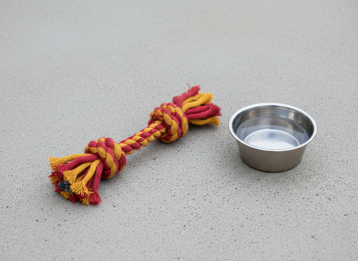 A sturdy, bright red and yellow braided rope tug toy lying diagonally on a smooth, light gray concrete patio, its thick fibers slightly frayed at the ends to show durability and frequent use. Beside it sits a small stainless steel dog bowl filled with clear water, reflecting soft sky tones. Diffused overcast daylight creates even, shadowless illumination, emphasizing the rope’s texture and fibers. Shot from a slightly elevated angle with sharp focus throughout, the composition is clean and modern, conveying a sense of reliability and strength while maintaining a playful mood suitable for a pet toy product detail page in realistic photographic style.