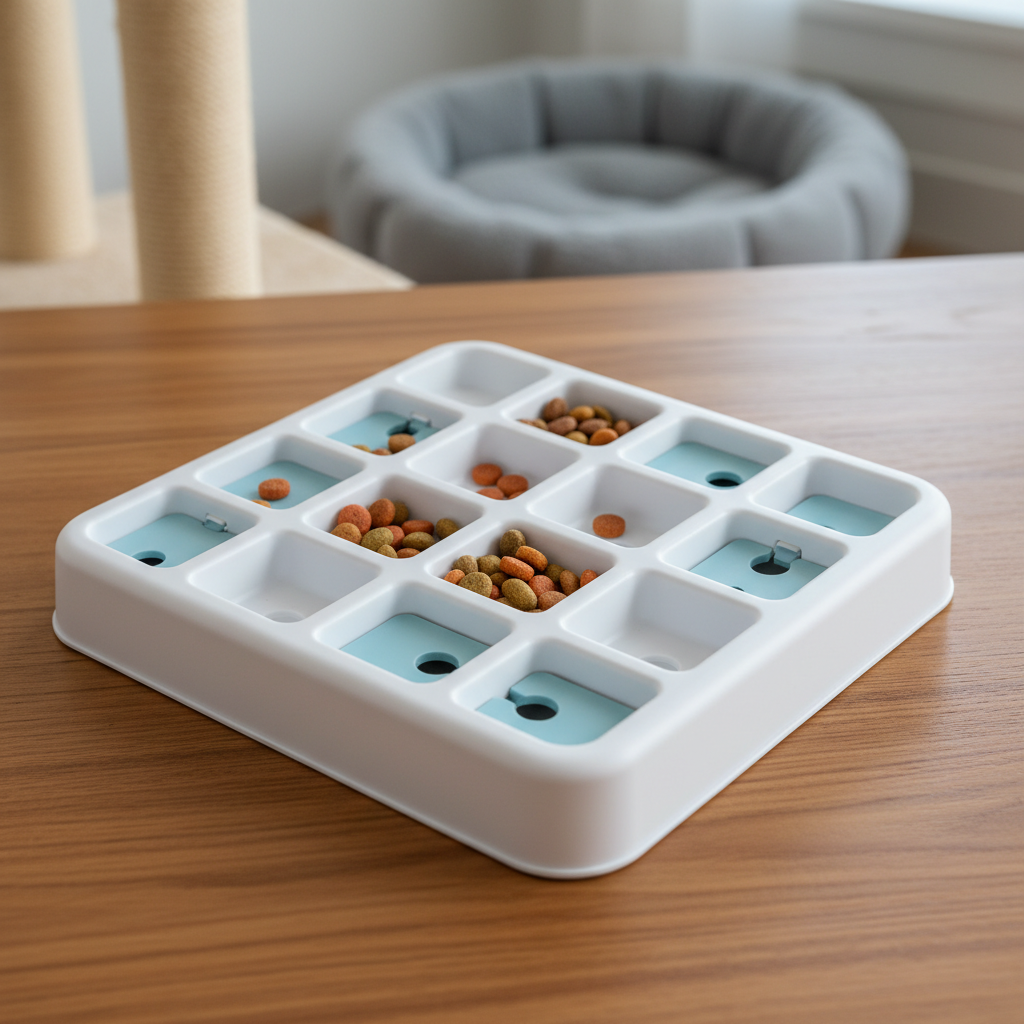 An interactive cat puzzle toy made of smooth, matte white plastic with pastel blue sliding compartments and small circular openings, placed neatly on a warm-toned wooden tabletop. Colorful kibble pieces peek through the openings, adding pops of orange and brown. In the softly blurred background, a sisal scratching post and a cozy cat bed are visible. Soft indoor ambient lighting combined with a cool overhead LED casts gentle, diffuse light that reduces harsh shadows. Photographed from a three-quarter overhead angle, the scene feels clever, engaging, and mentally stimulating, aligned with a playful yet smart brand personality in clean photographic realism.